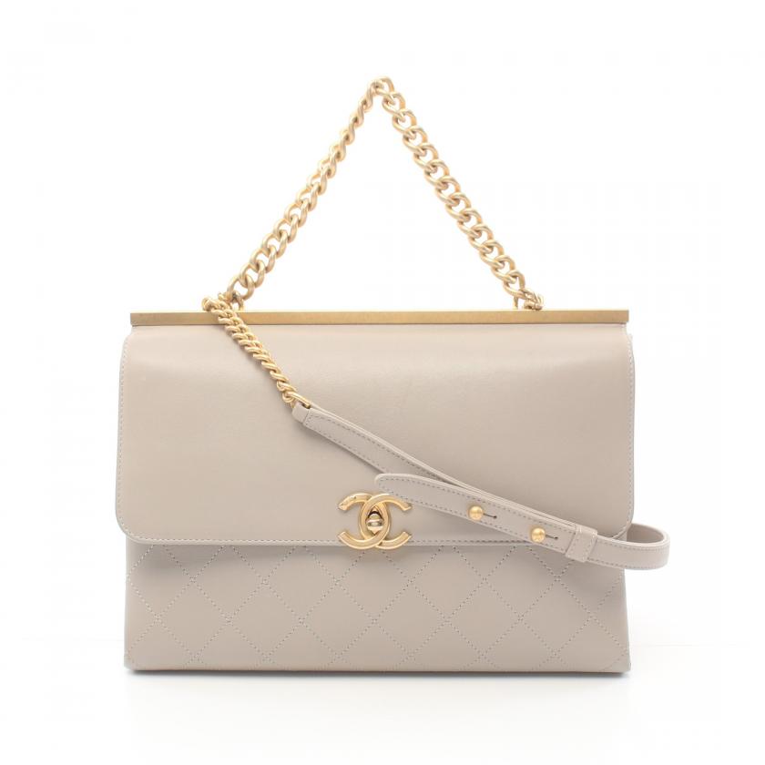 Chanel Matelasse Rue Cambon Chain Shoulder Bag Gray Lambskin Gold Hardware WAY