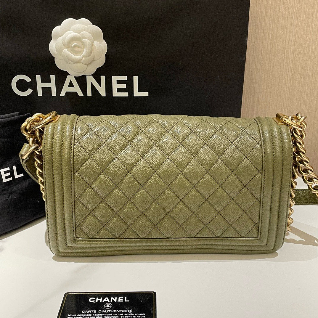 Chanel Le Boy Medium Caviar Leather Olive Green Shoulder Bag