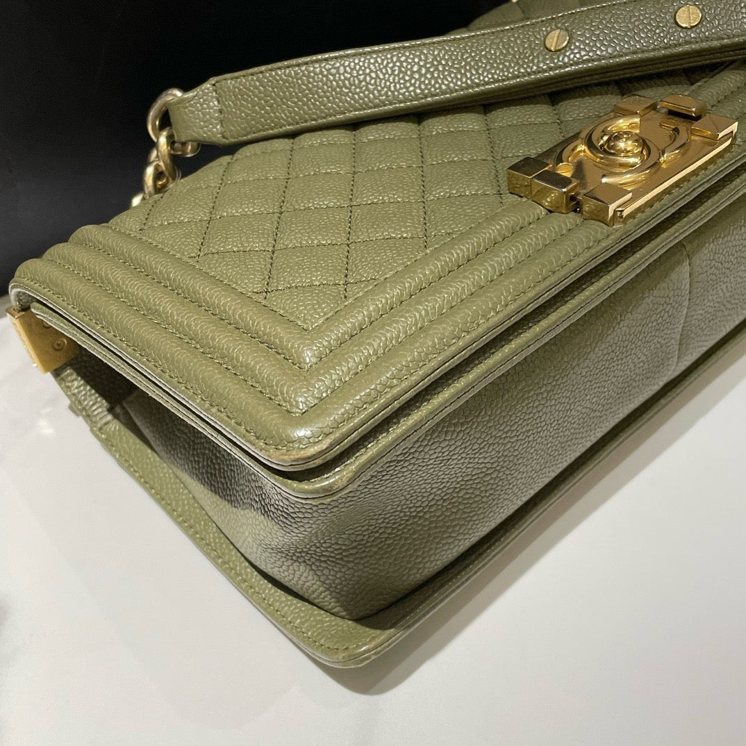 Chanel Le Boy Medium Caviar Leather Olive Green Shoulder Bag