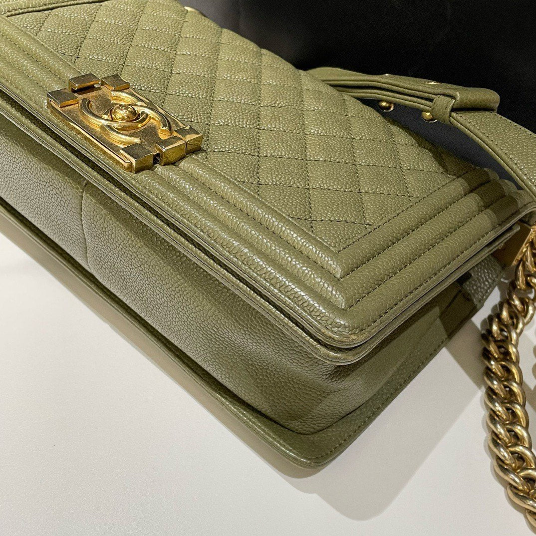 Chanel Le Boy Medium Caviar Leather Olive Green Shoulder Bag
