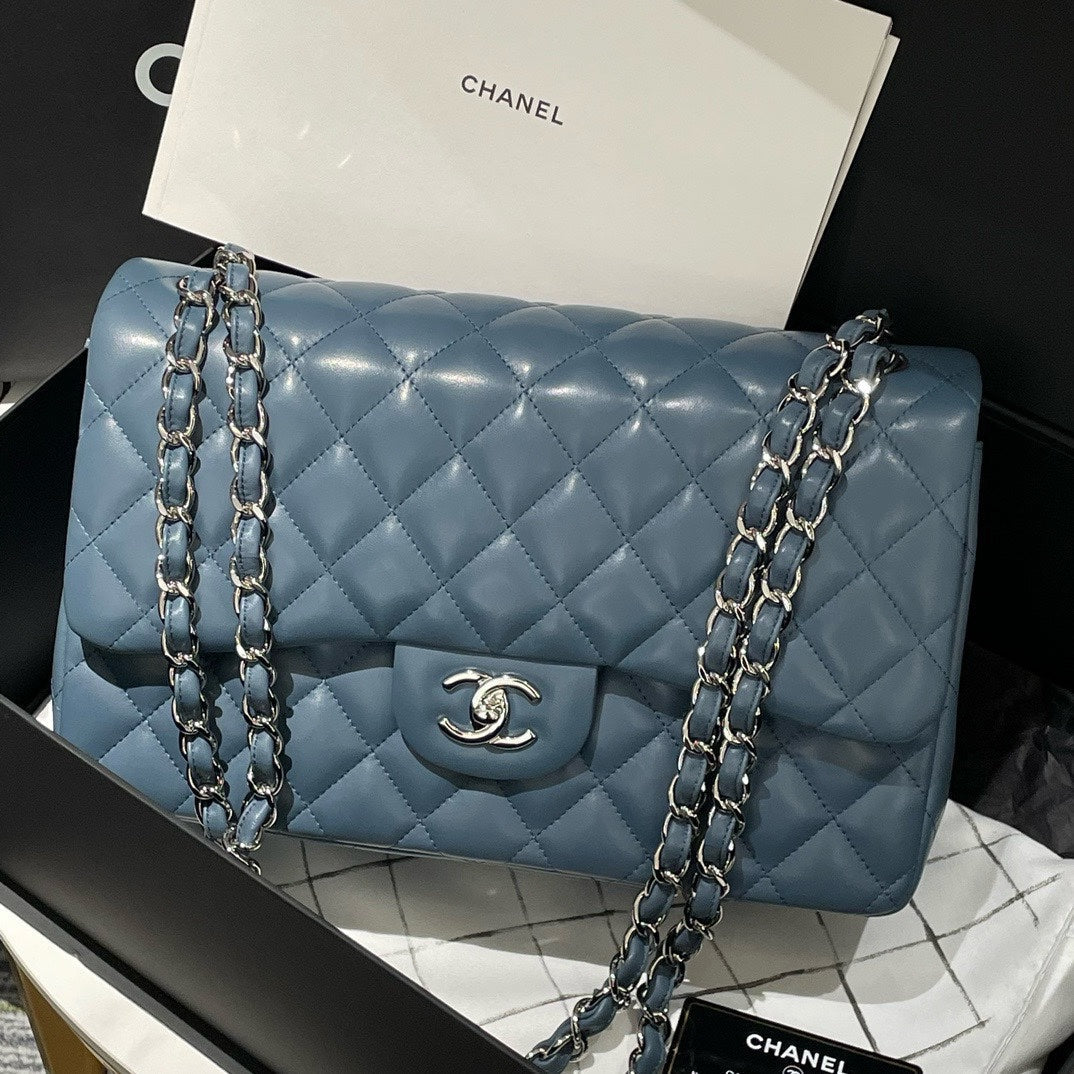 Chanel Classic Flap Jumbo Blue Leather Shoulder Bag - % New