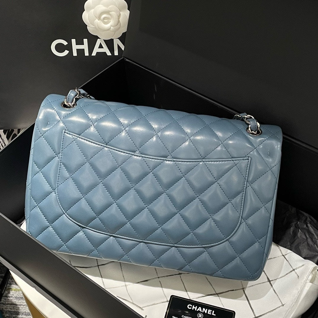 Chanel Classic Flap Jumbo Blue Leather Shoulder Bag - % New