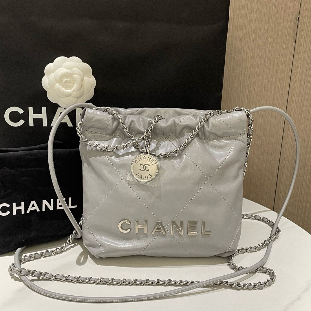 Chanel 22 Mini Bag Gray Leather Shoulder Bag with Chain Strap