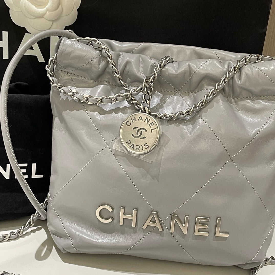 Chanel 22 Mini Bag Gray Leather Shoulder Bag with Chain Strap