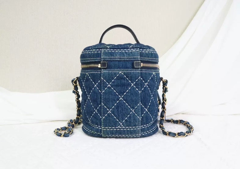 Chanel Vanity Case Blue Quilted Denim Crossbody Bag Small Size