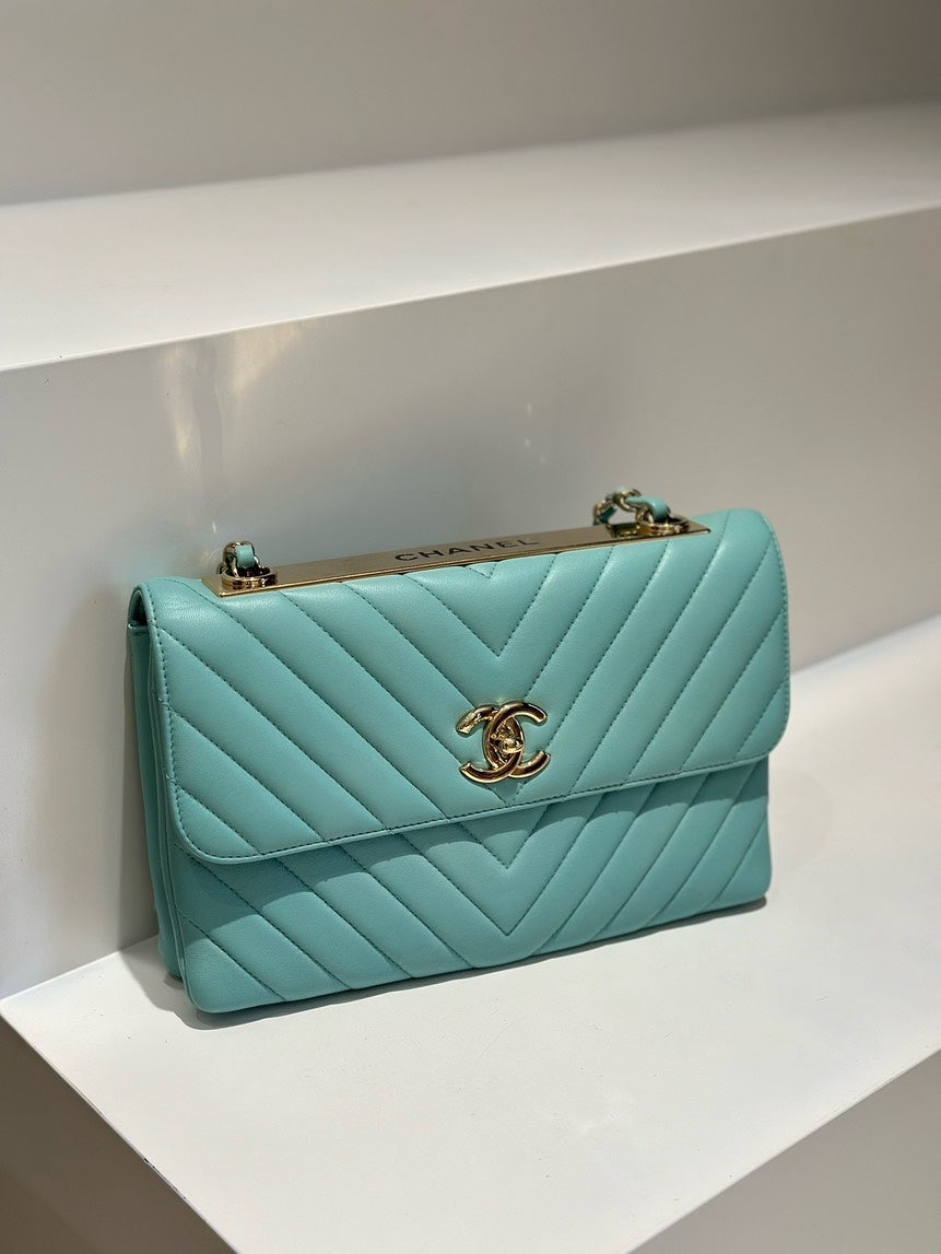 Chanel Trendy WOC Aqua Blue Chevron Quilted Calfskin Leather Chain Shoulder Bag