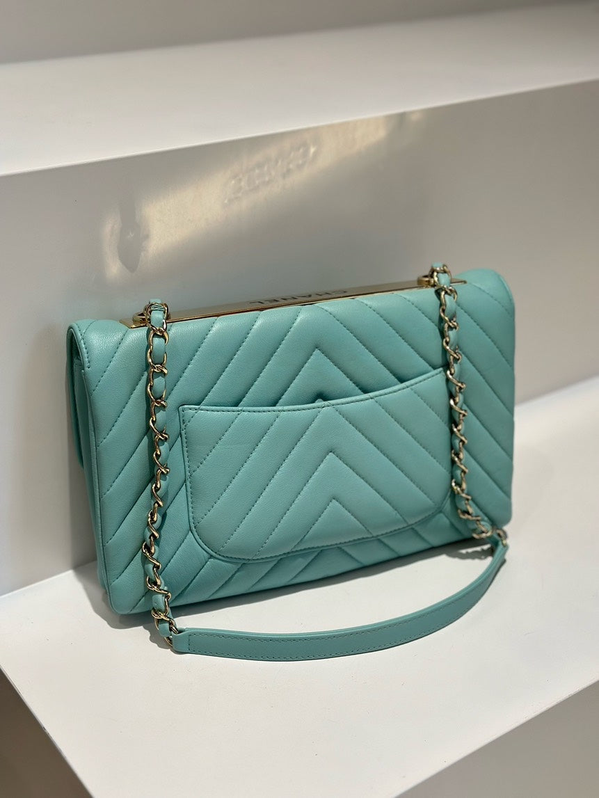 Chanel Trendy WOC Aqua Blue Chevron Quilted Calfskin Leather Chain Shoulder Bag