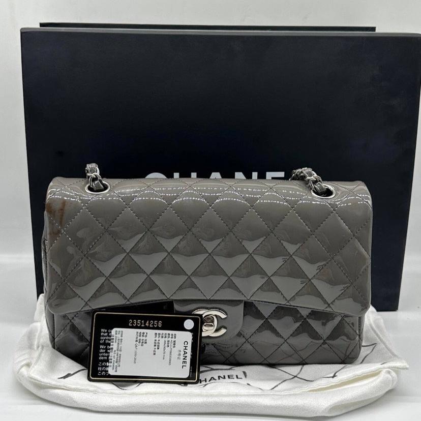 Chanel Classic Flap Bag Quilted Patent Gray Medium