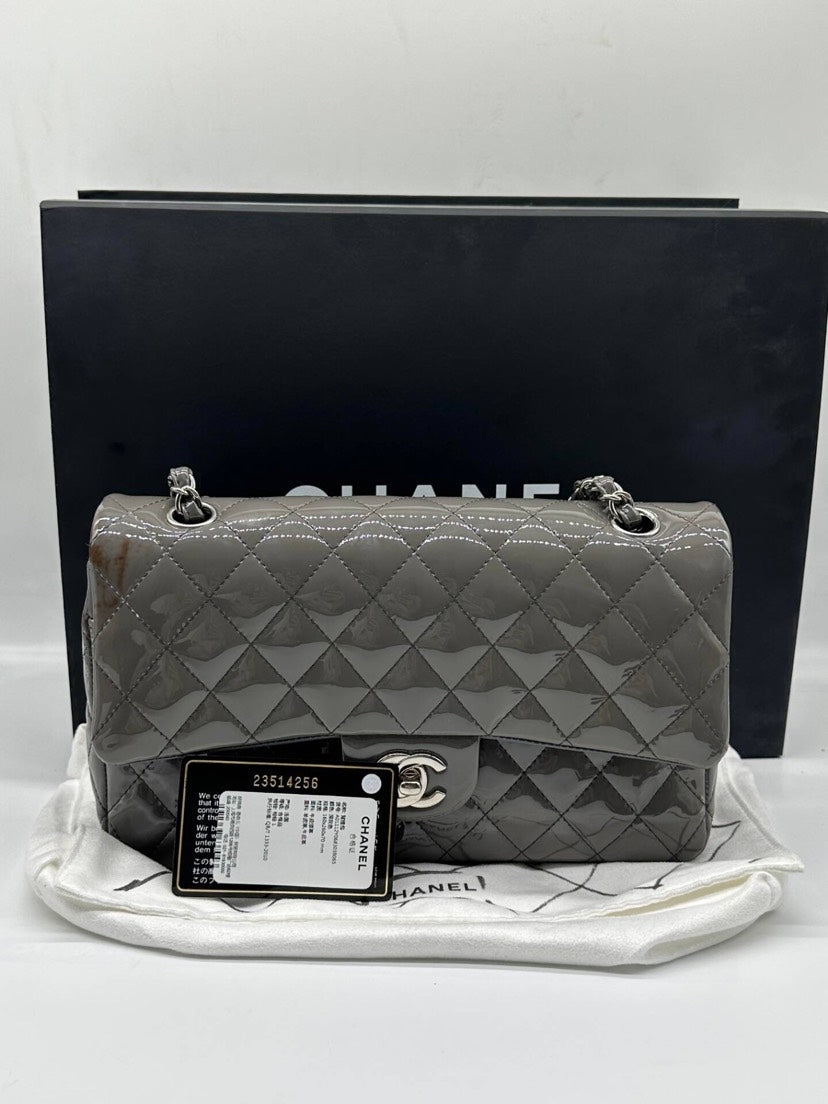 Chanel Classic Flap Bag Quilted Patent Gray Medium