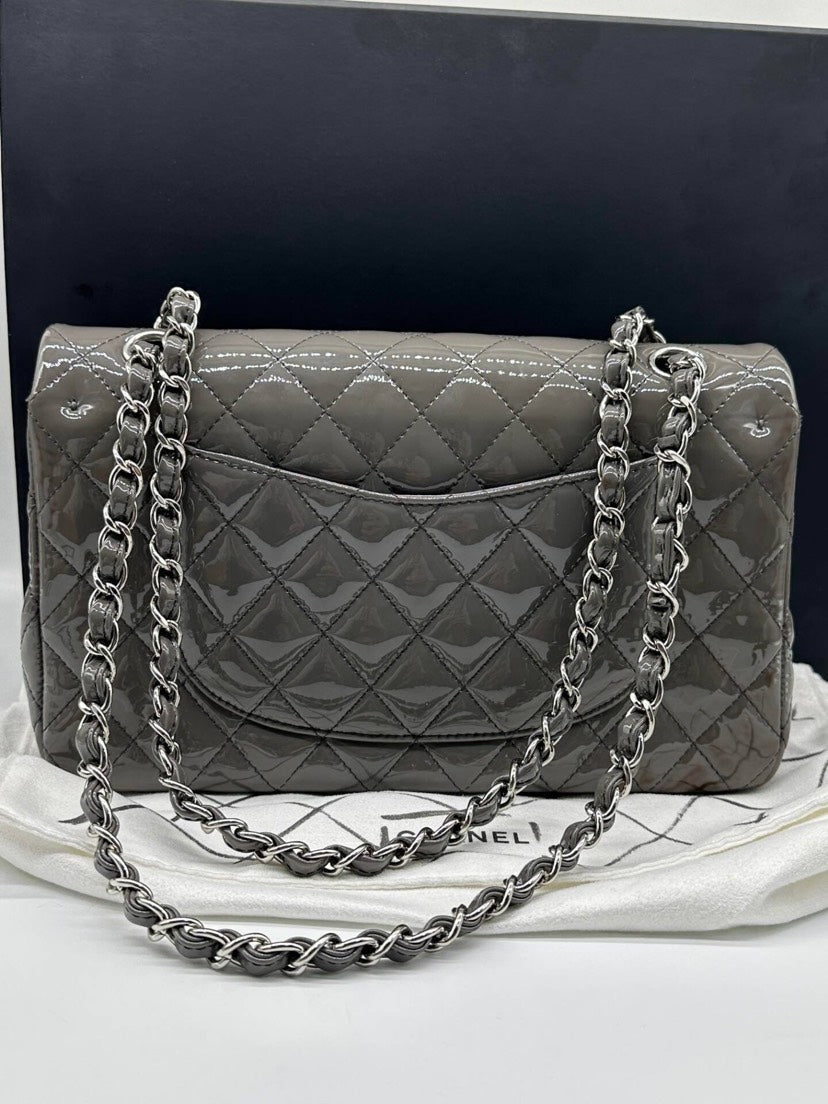 Chanel Classic Flap Bag Quilted Patent Gray Medium