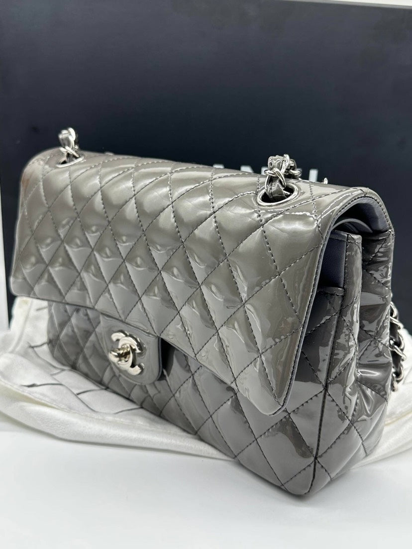 Chanel Classic Flap Bag Quilted Patent Gray Medium