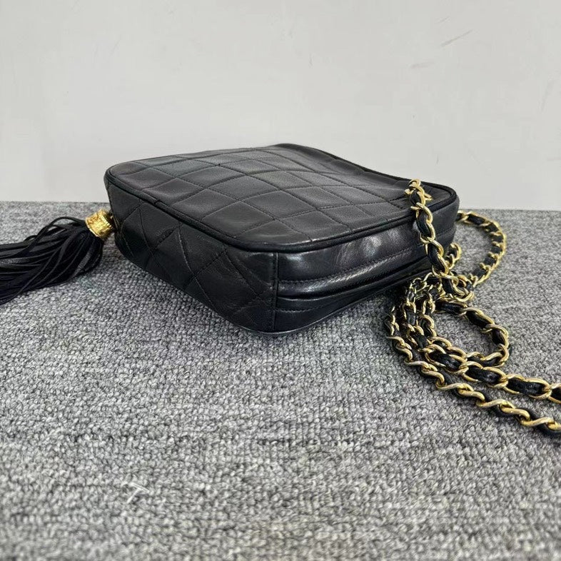Chanel Black Leather Quilted Chain Shoulder Bag Square Size with Tassel