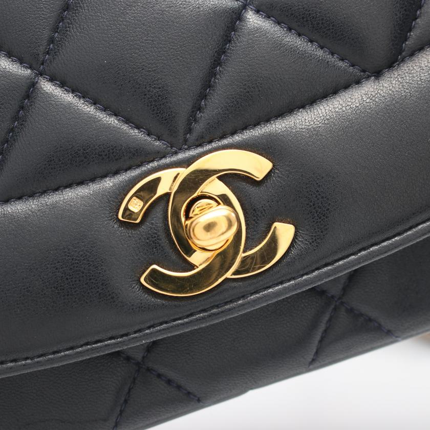 Chanel Matelasse Diana Flap Chain Shoulder Bag Lambskin Dark Navy Gold Hardware Vintage