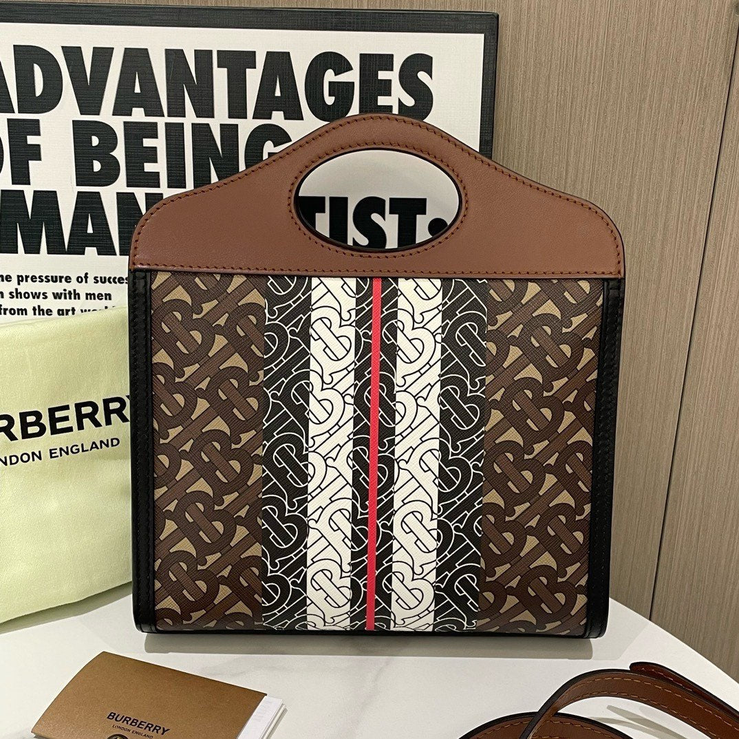 Burberry Pocket Tote Brown Black White Monogram Handbag