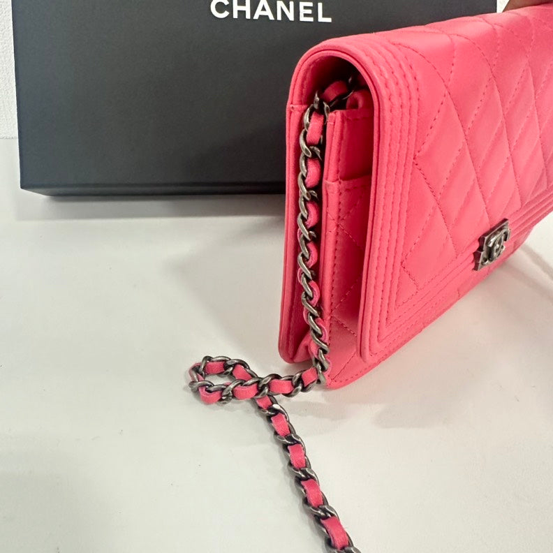 Chanel Boy Lambskin Quilted Wallet on Chain Pink 19 Series