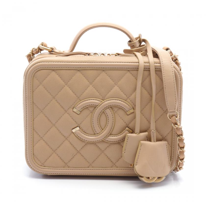 Chanel CC Filigree Matelasse Vanity Chain Shoulder Bag Beige Caviar Leather WAY Gold Hardware