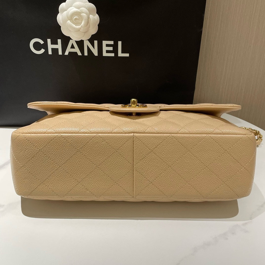 Chanel Classic Single Flap Jumbo Beige Caviar Leather 2010