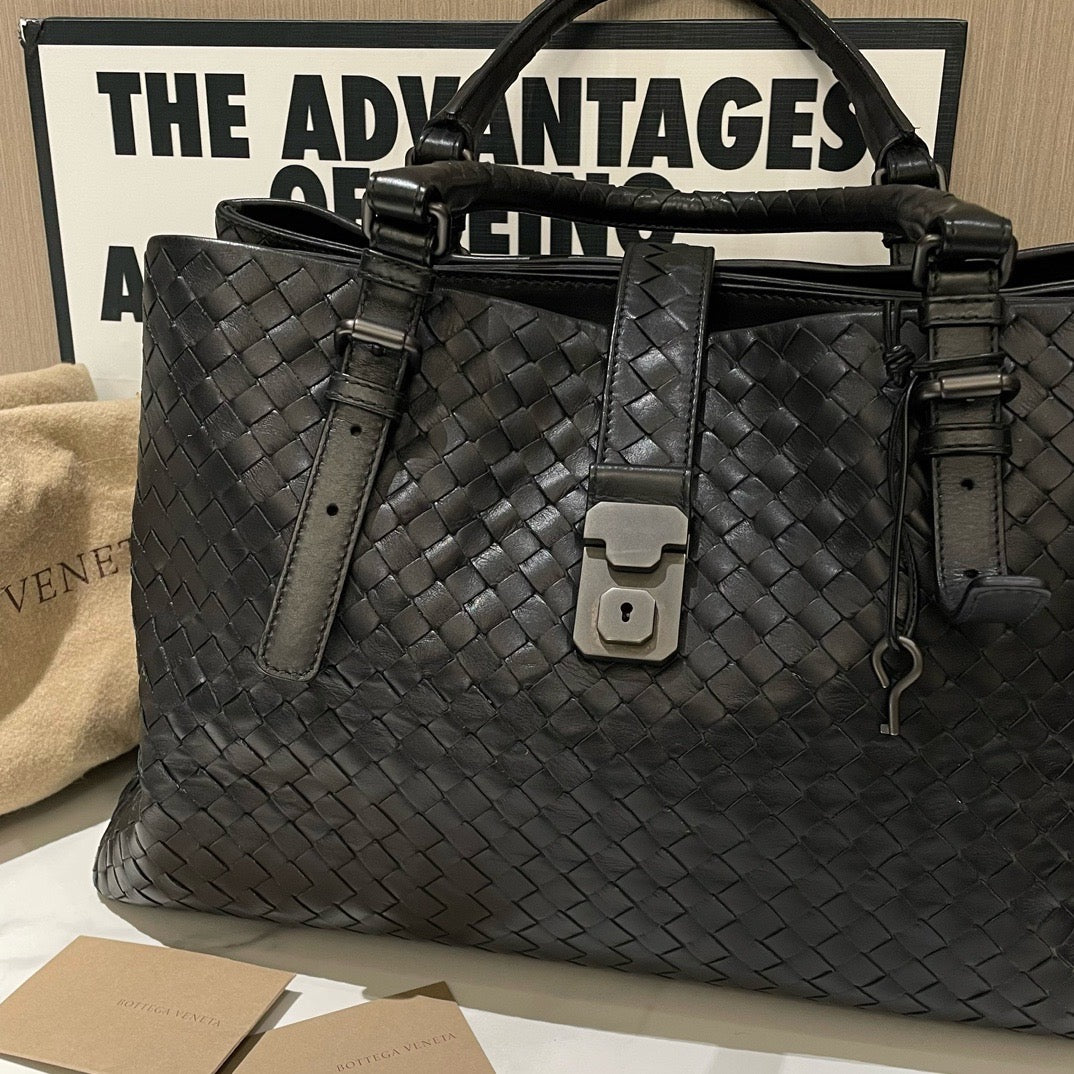 Bottega Veneta Roma Black Leather Woven Tote Bag Large