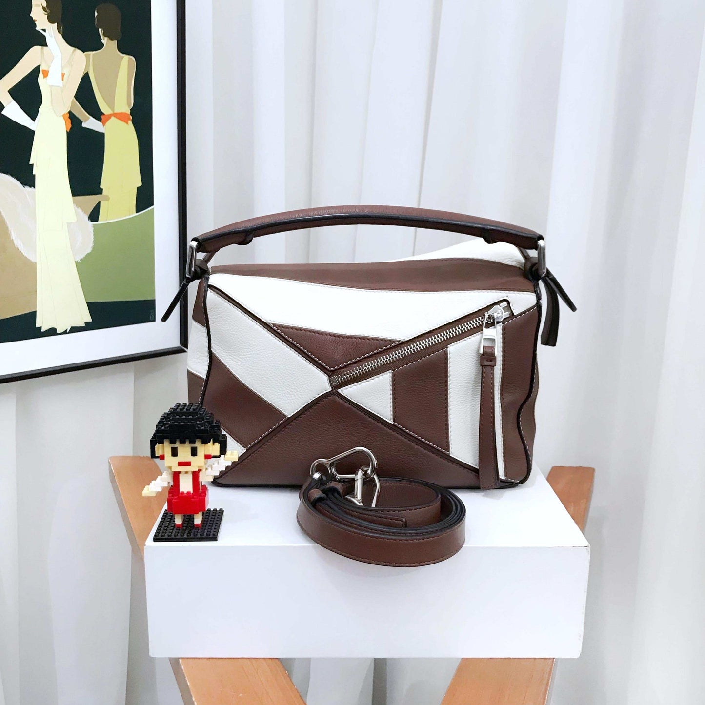 Loewe Puzzle Small Brown White Leather Shoulder Bag