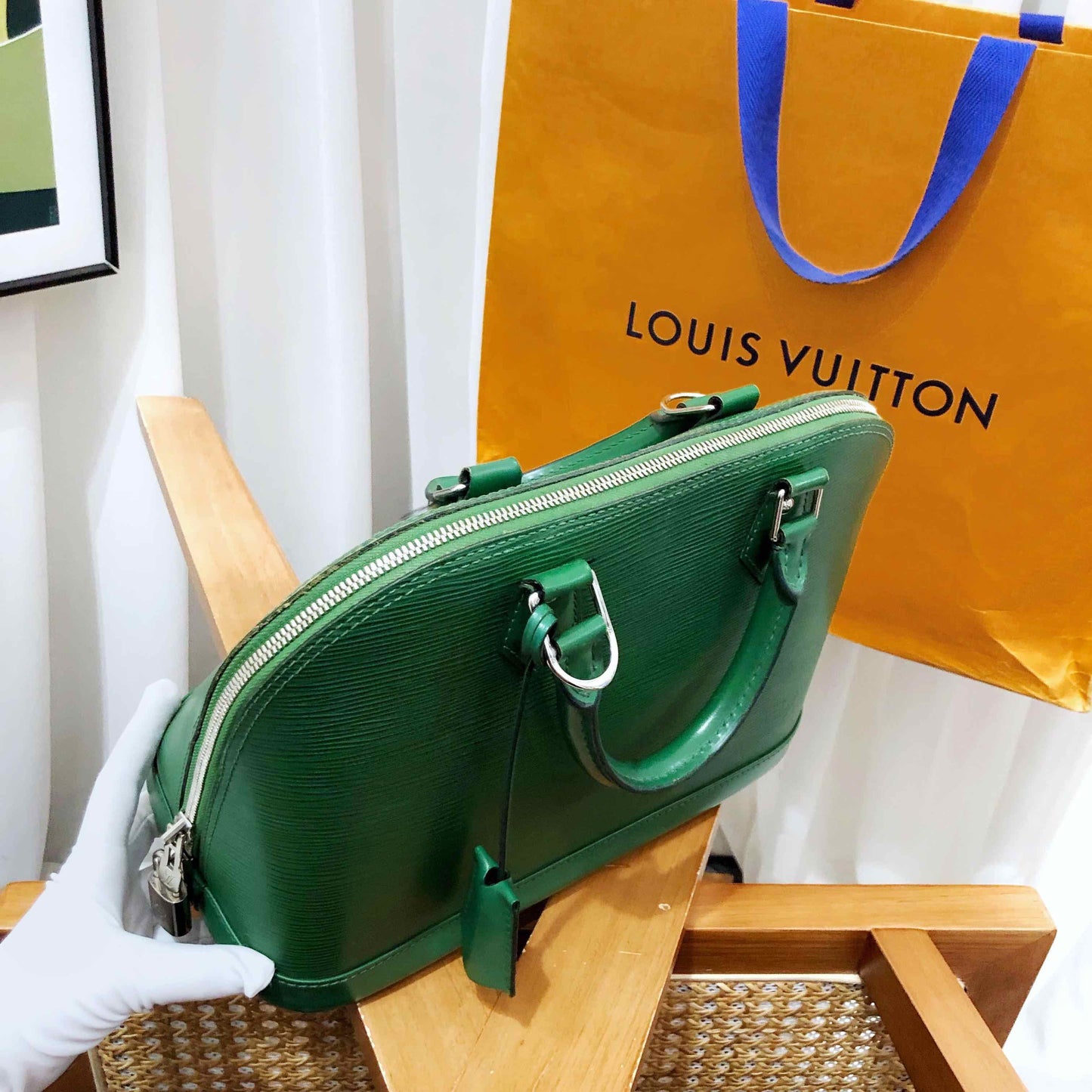 louis vuitton alma epi leather green handbag