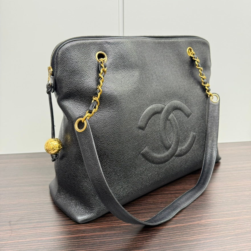 Vintage Chanel Caviar Leather Chain Tote Bag NGG Black Shoulder Bag