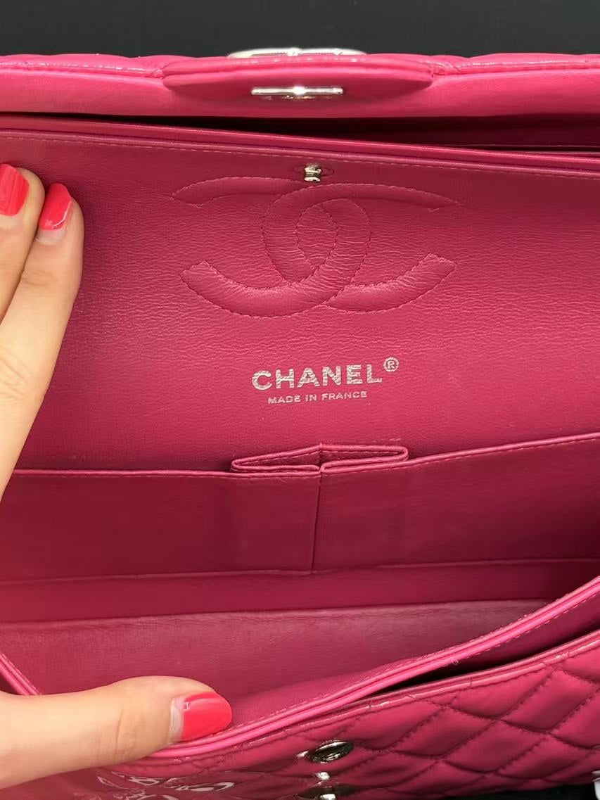 Chanel Double Flap CF Medium Pink Patent Shoulder Bag 2014 Full Set