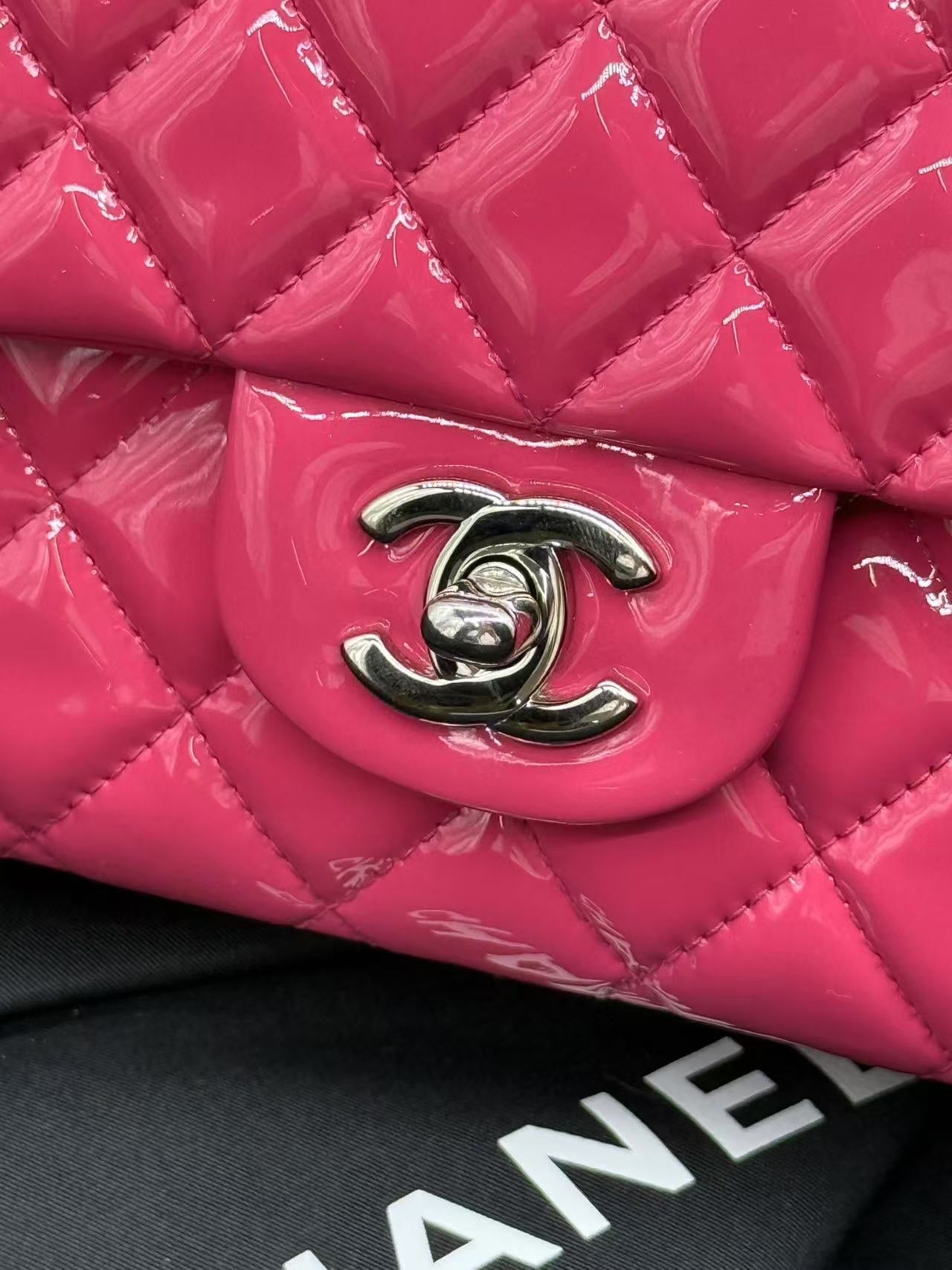 Chanel Double Flap CF Medium Pink Patent Shoulder Bag 2014 Full Set
