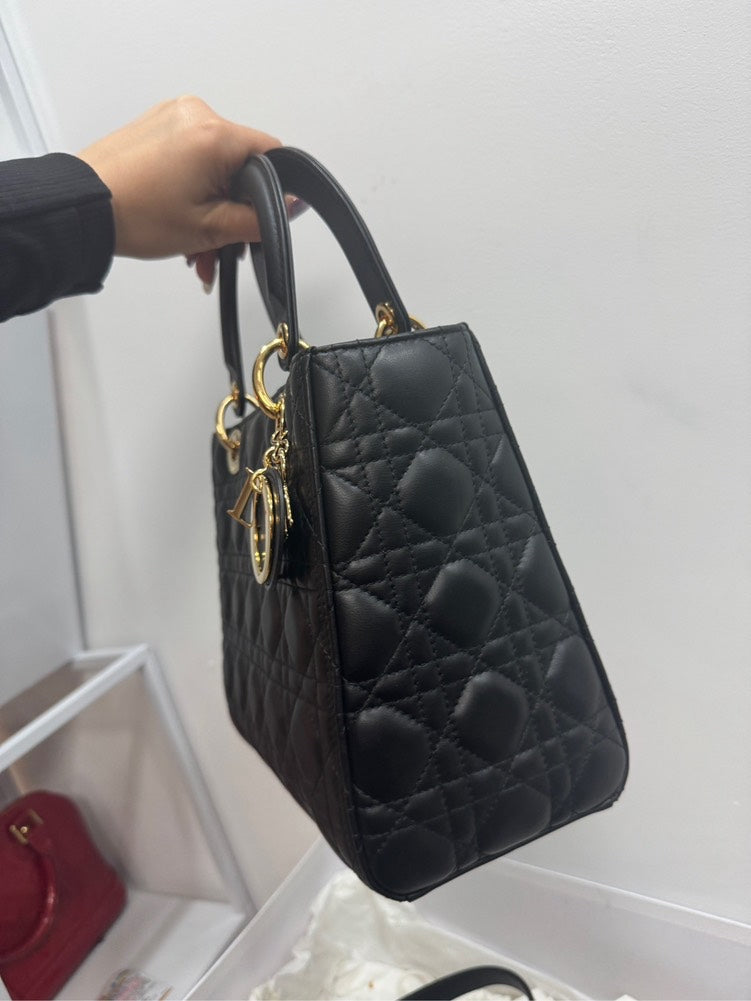 Lady Dior Medium Black Leather Top Handle Bag with Gold Hardware - Preloved Full Set