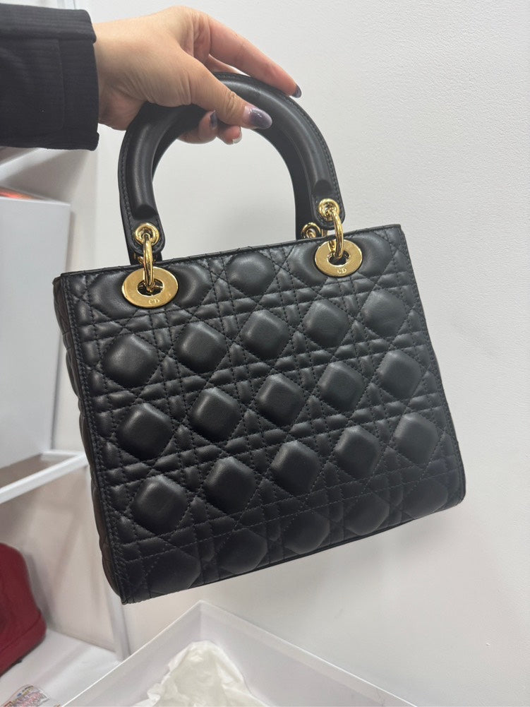 Lady Dior Medium Black Leather Top Handle Bag with Gold Hardware - Preloved Full Set