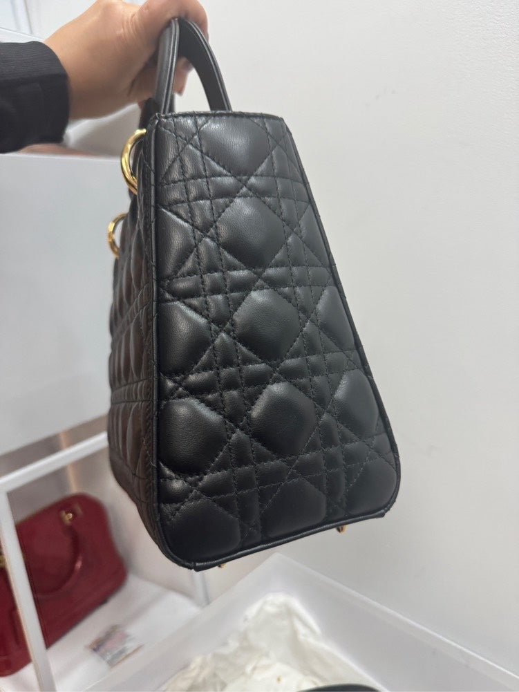 Lady Dior Medium Black Leather Top Handle Bag with Gold Hardware - Preloved Full Set