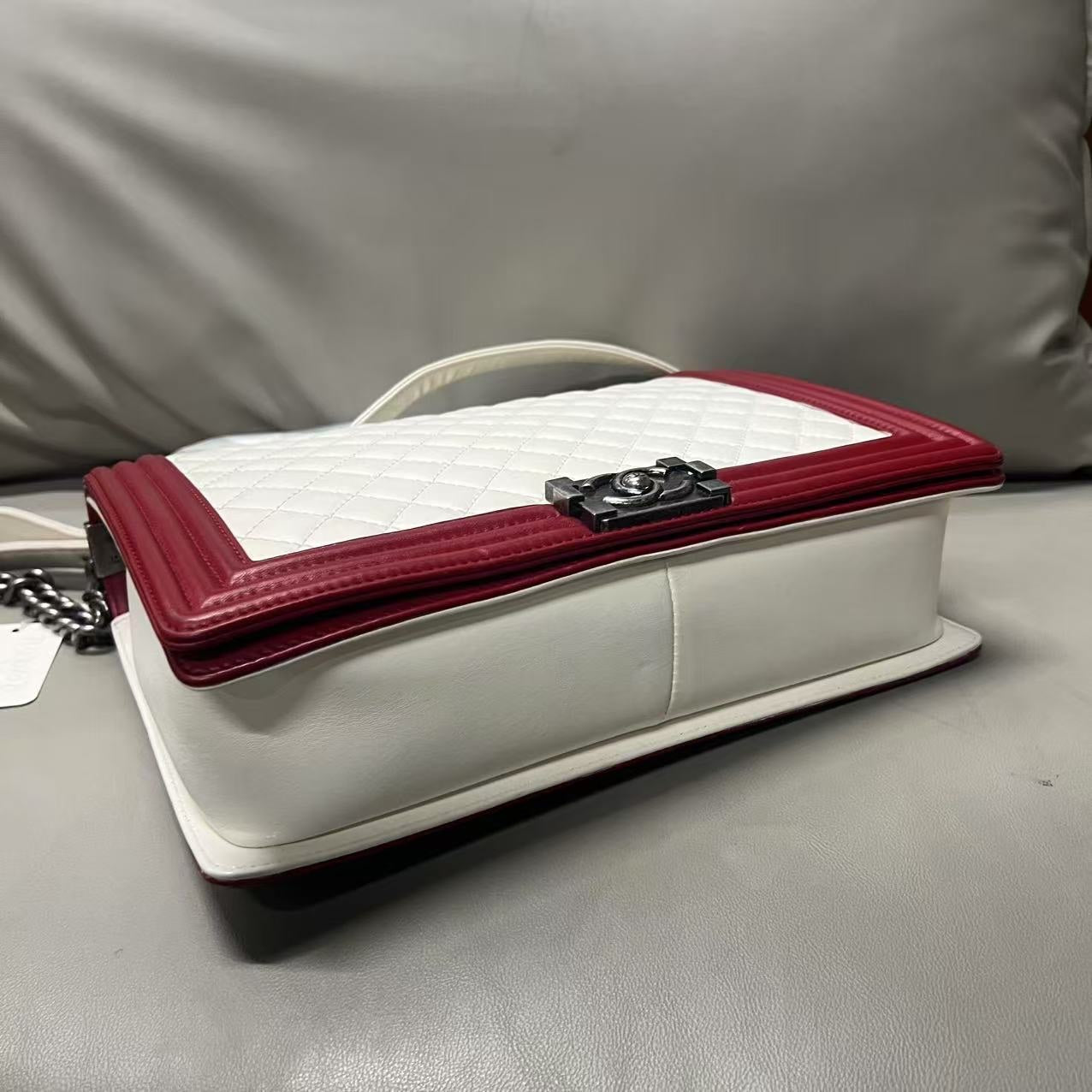 Chanel LeBoy Shoulder Bag in White and Red Leather - Designer Handbag