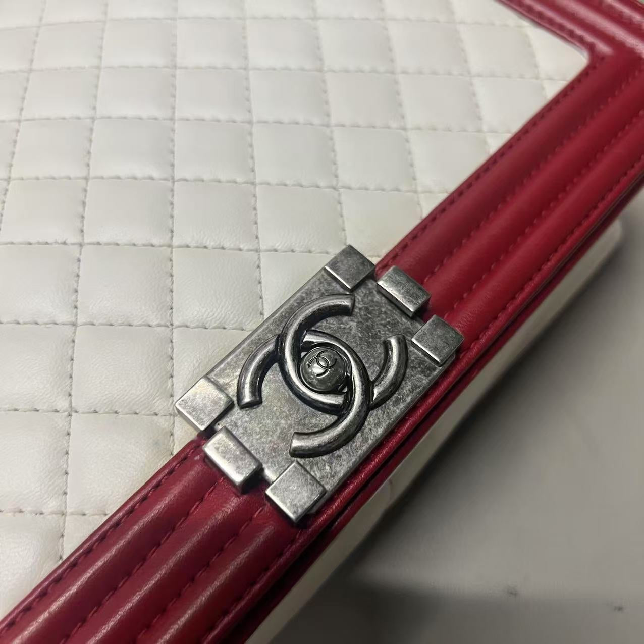 Chanel LeBoy Shoulder Bag in White and Red Leather - Designer Handbag
