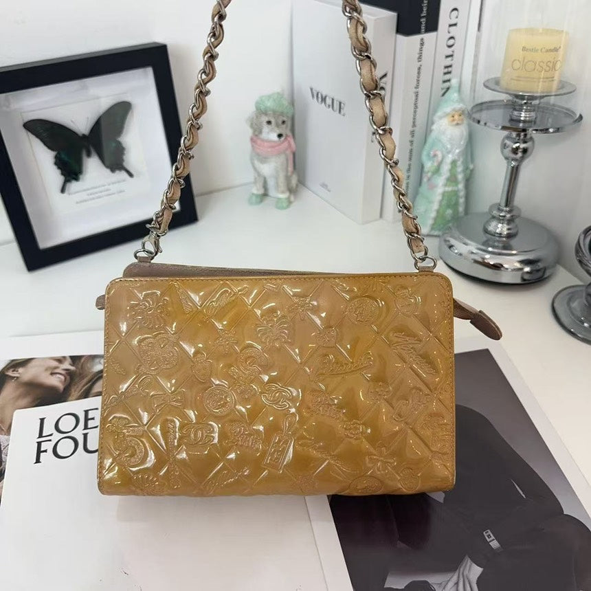CHANEL Patent Leather Shoulder Bag Brown