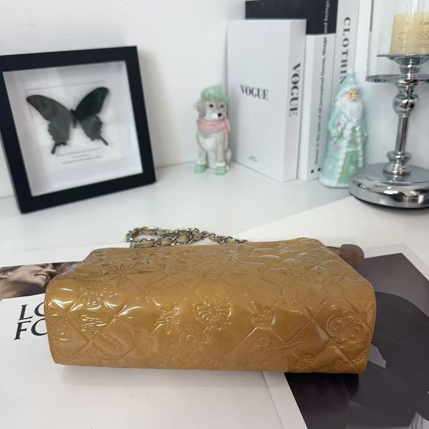 CHANEL Patent Leather Shoulder Bag Brown