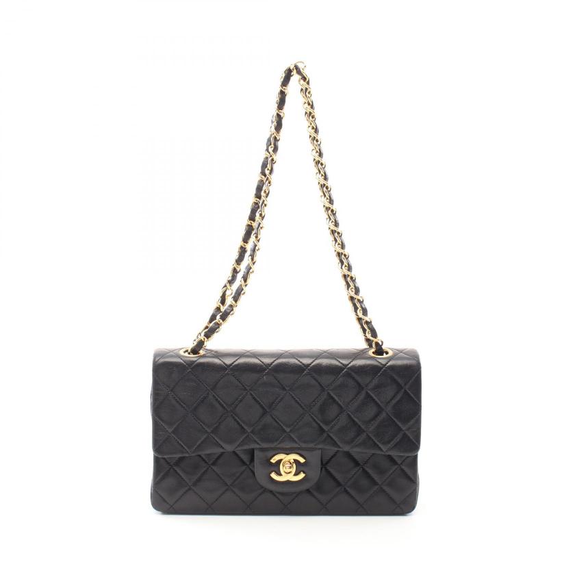 CHANEL Matelassé Double Flap Chain Shoulder Bag Lambskin Black Gold Hardware Vintage