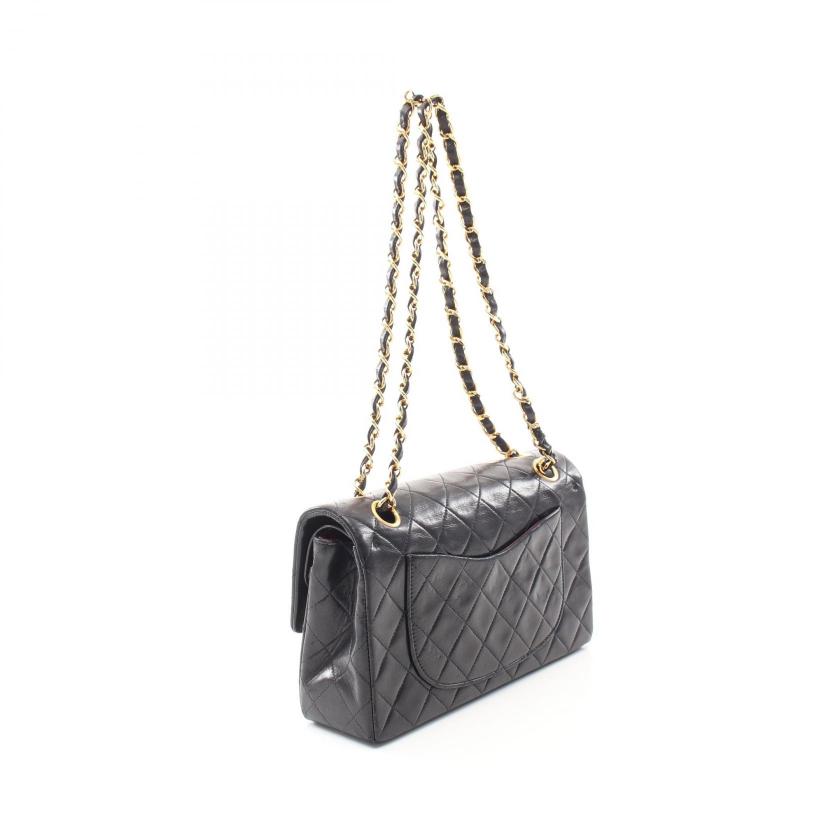 CHANEL Matelassé Double Flap Chain Shoulder Bag Lambskin Black Gold Hardware Vintage