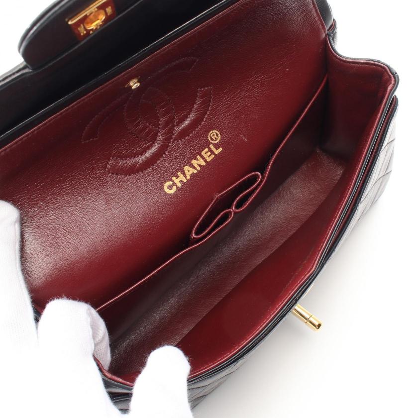CHANEL Matelassé Double Flap Chain Shoulder Bag Lambskin Black Gold Hardware Vintage