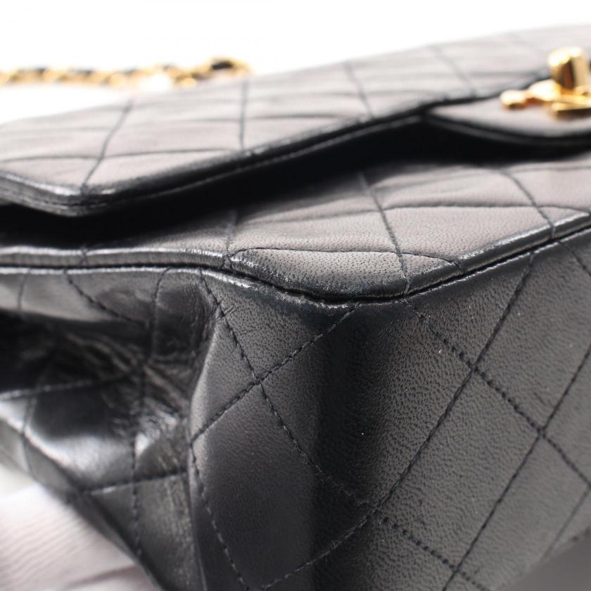 CHANEL Matelassé Double Flap Chain Shoulder Bag Lambskin Black Gold Hardware Vintage