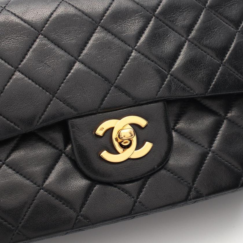 CHANEL Matelassé Double Flap Chain Shoulder Bag Lambskin Black Gold Hardware Vintage