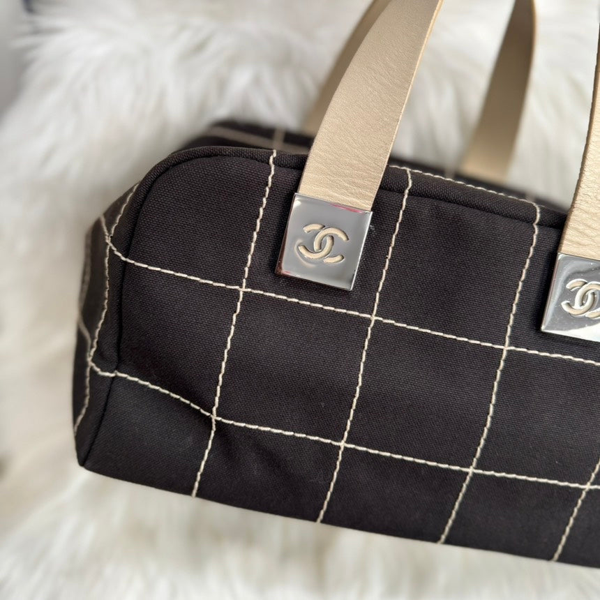 Chanel Chocolate Bar Coco Mark Handbag Black White - Preloved