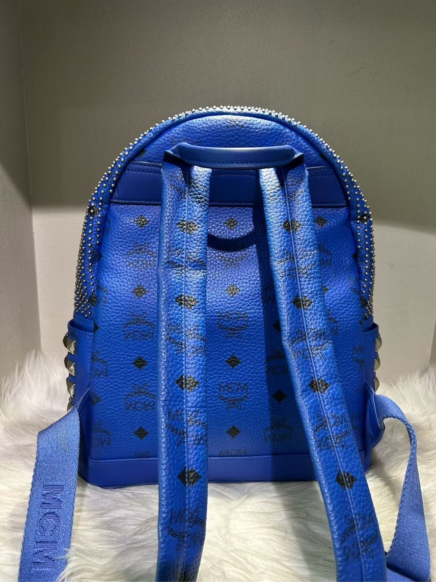 MCM Stark Studded Blue Leather Pre-loved Backpack