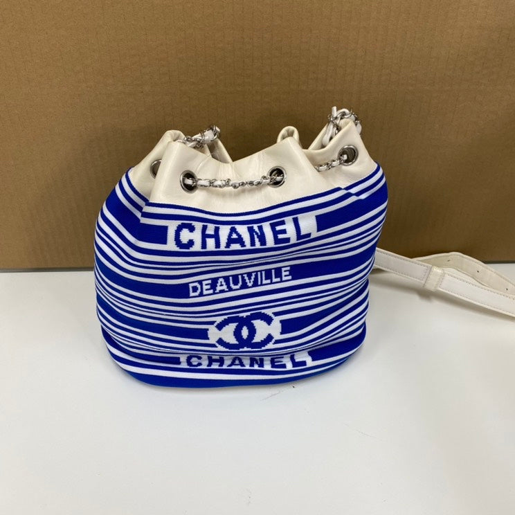 Preloved Chanel E56174 Blue & White Striped Bucket Bag