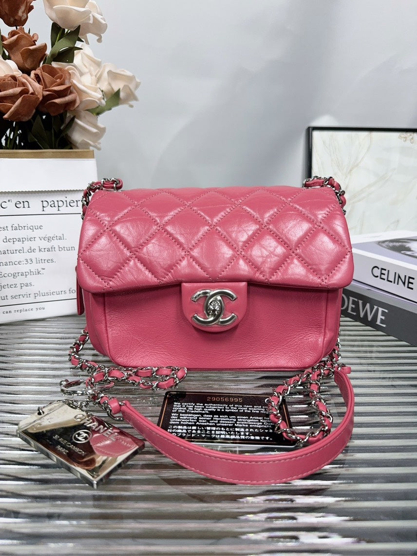 Preloved Chanel Classic Flap Bag Pink Leather Shoulder Bag HFY