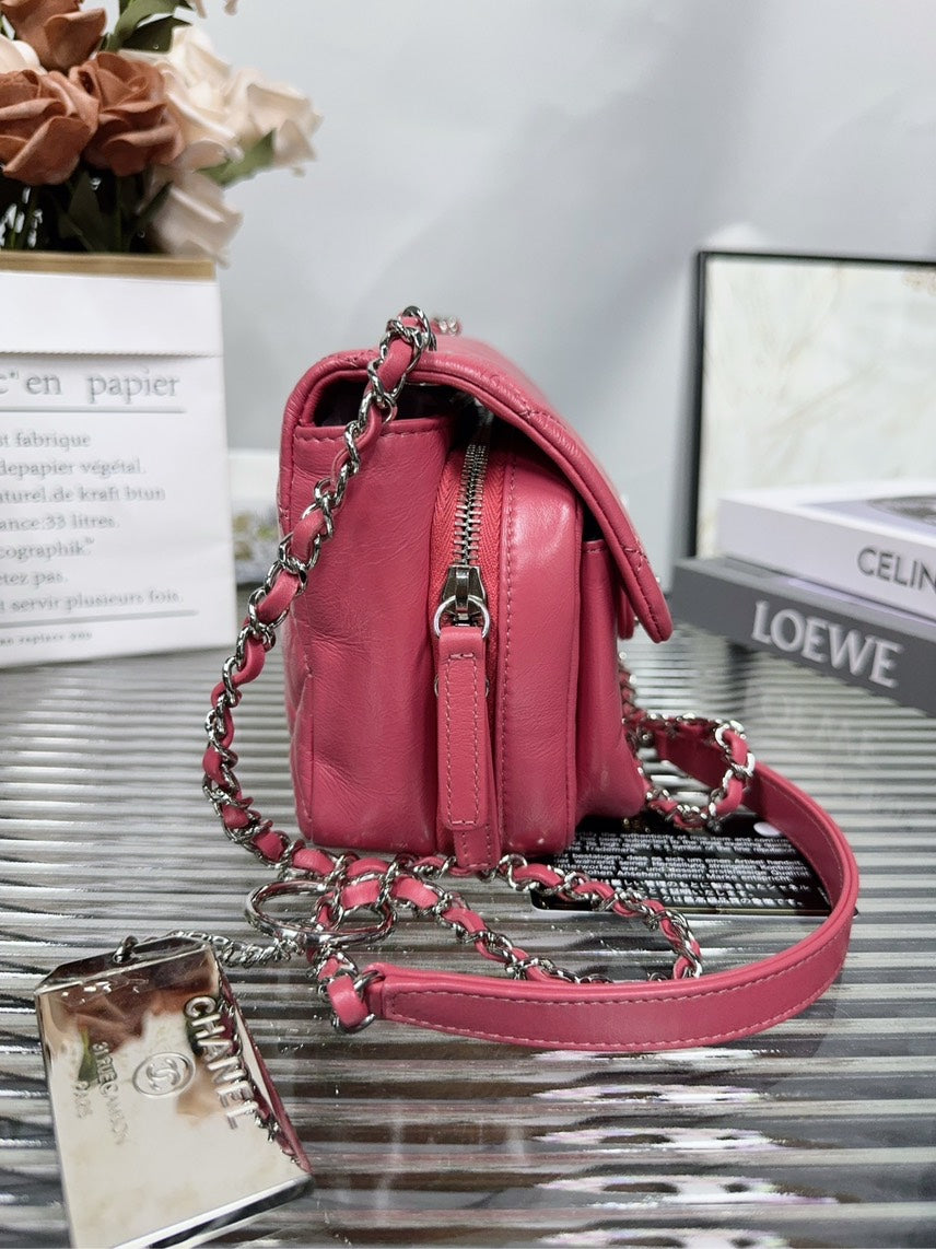 Preloved Chanel Classic Flap Bag Pink Leather Shoulder Bag HFY