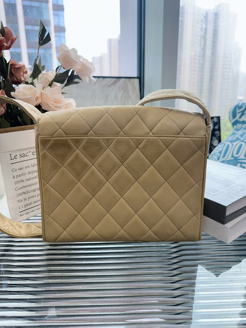 Vintage Chanel Quilted Satchel Beige Suede Shoulder Bag
