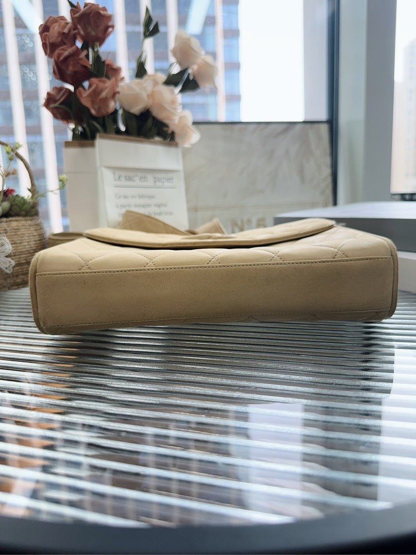 Vintage Chanel Quilted Satchel Beige Suede Shoulder Bag