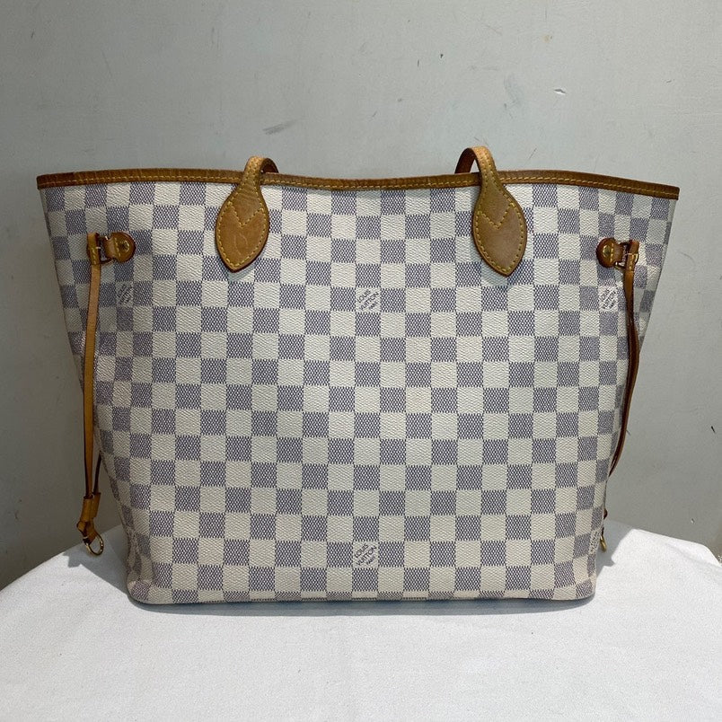 Louis Vuitton Neverfull MM Tote White Damier Azur with Pouch