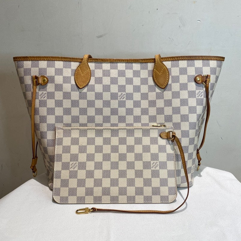 Louis Vuitton Neverfull MM Tote White Damier Azur with Pouch