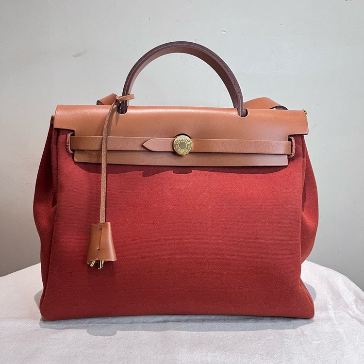 Hermes Herbag Zip 31 Two-Tone Red Canvas and Leather Top Handle Bag with Lock & Keys