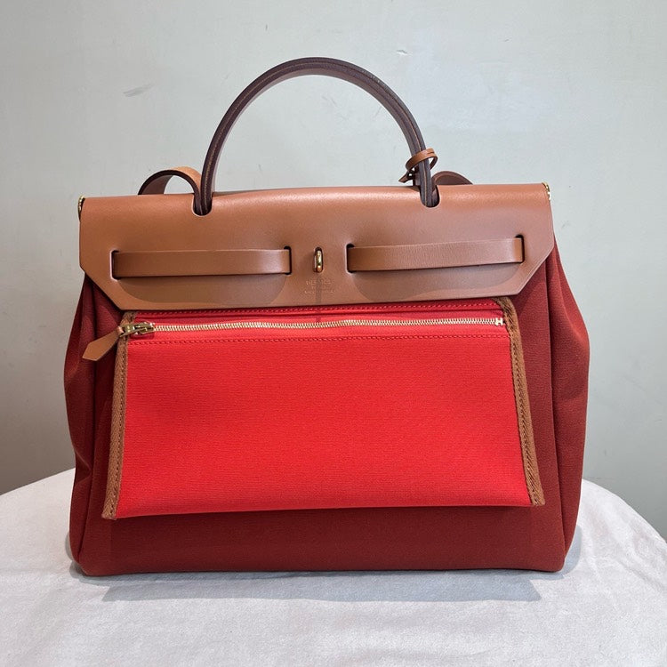 Hermes Herbag Zip 31 Two-Tone Red Canvas and Leather Top Handle Bag with Lock & Keys